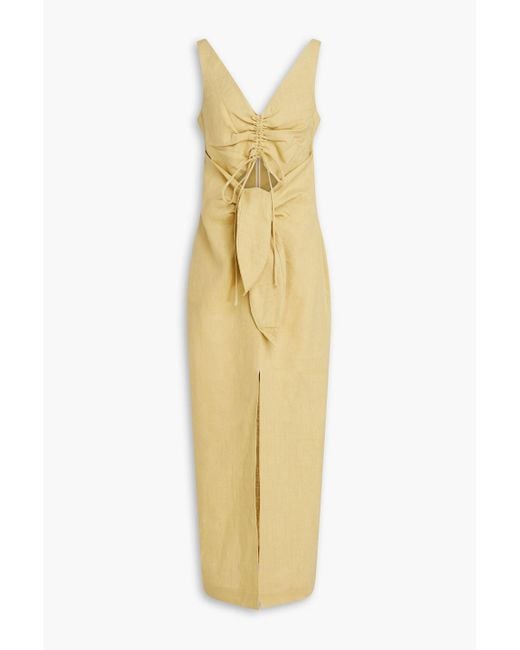 Nanushka Metallic Cutout Ruched Linen Midi Dress