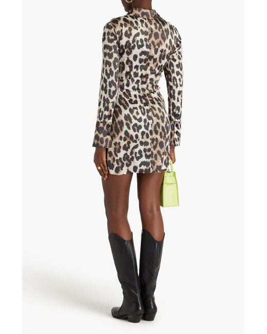 Ganni Multicolor Ruched Leopard-print Satin Mini Shirt Dress