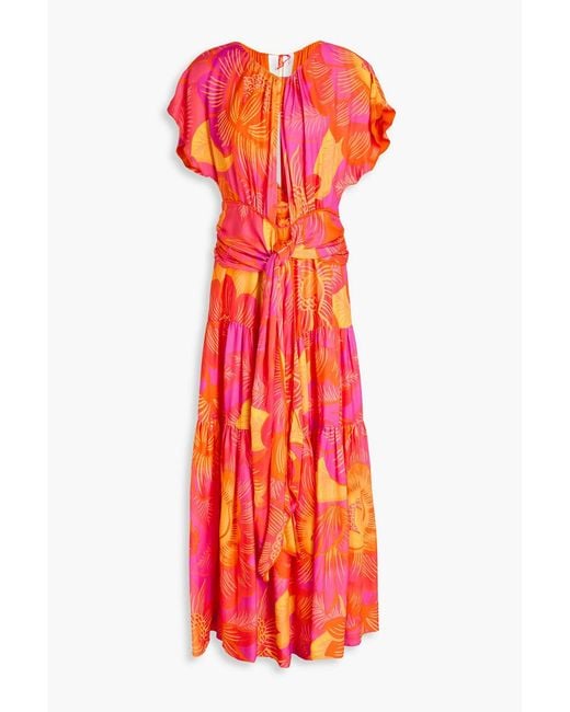 Farm Rio Tiered Cutout Printed Satin-Twill Maxi Dress