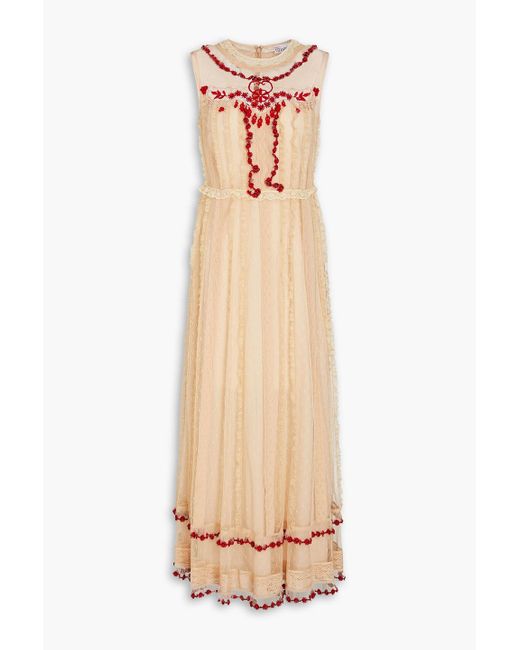 RED Valentino Natural Embellished Lace-trimmed Point D'espirit Midi Dress