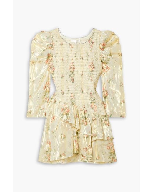 LoveShackFancy Natural Greenwich Embellished Shirred Floral-print Lamé Mini Dress