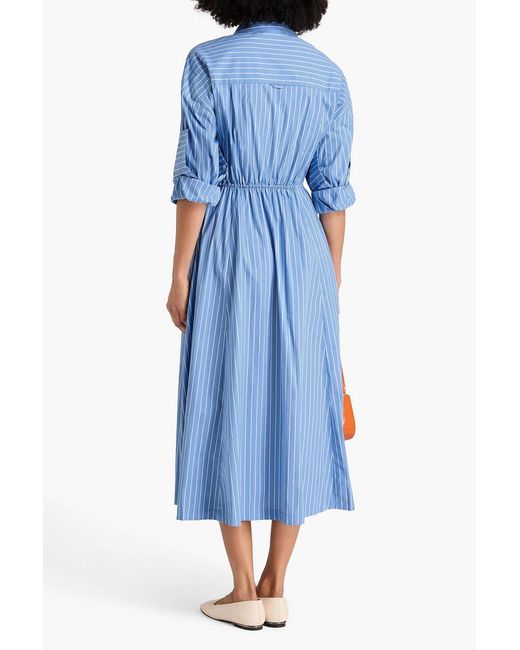 Staud Blue Lisa Knotted Striped Cotton-blend Midi Shirt Dress