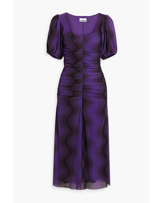 Ganni Purple Ruched Printed Stretch-mesh Midi Dress
