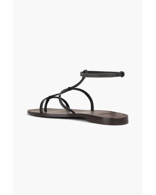 Brunello Cucinelli Black Bead-Embellished Leather Sandals