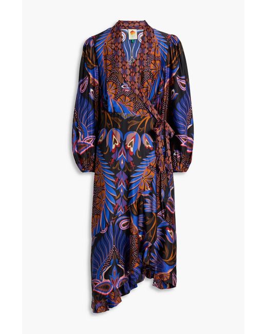 Farm Rio Blue Asymmetric Printed Satin Midi Wrap Dress