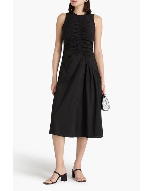 Theory Black Gathered Cotton-blend Midi Dress