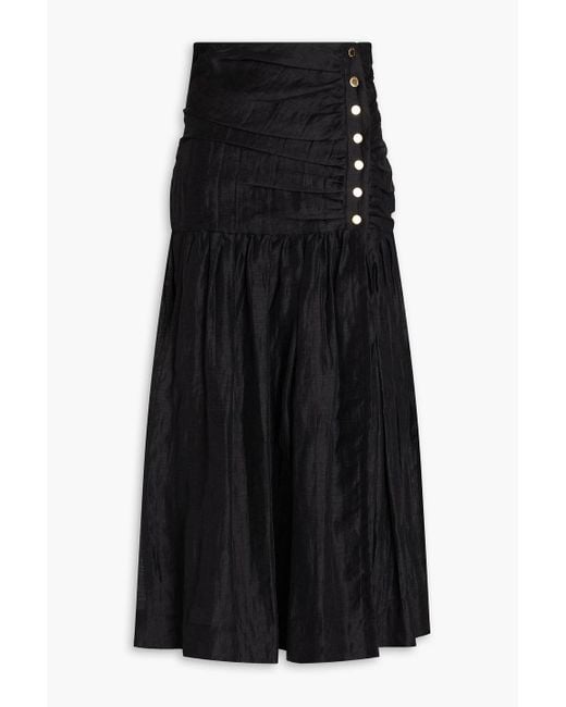 Sandro Black Ruched Linen-blend Gauze Midi Skirt
