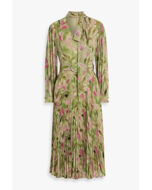 Mikael Aghal Green Pleated Floral-Print Crepe De Chine Midi Dress