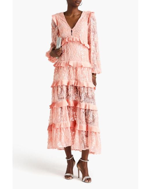 Maje Pink Ruffled Crepe-trimmed Sequined Plissé-tulle Maxi Dress