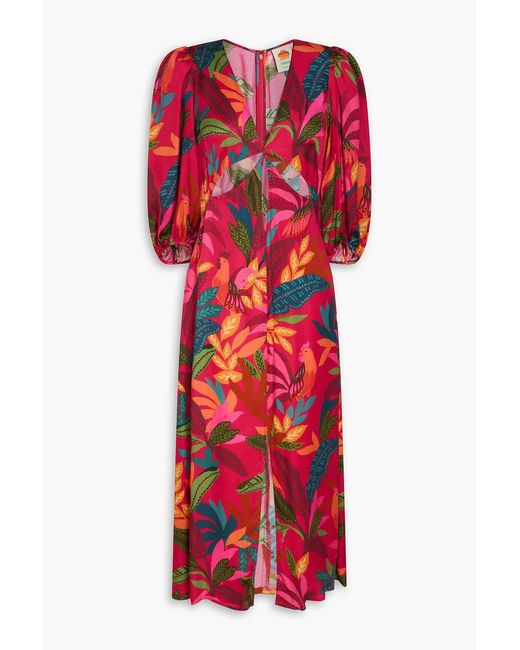 Farm Rio Red Cutout Printed Satin Midi Dress