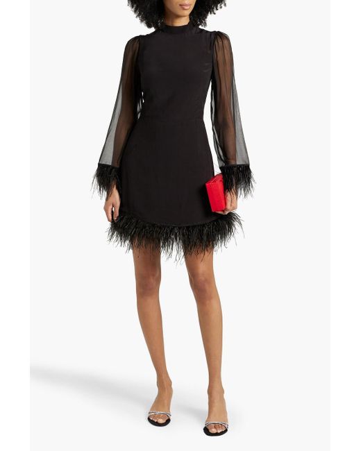 HVN Black Tate Feather-trimmed Crepe De Chine And Silk-chiffon Mini Dress