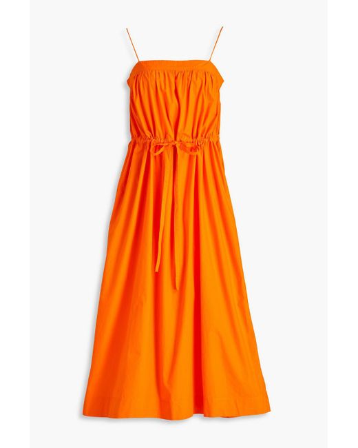 Ganni Orange Gathered Cotton-poplin Midi Dress