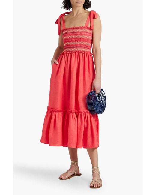 Cara Cara Red Jenny Smocked Linen Midi Dress