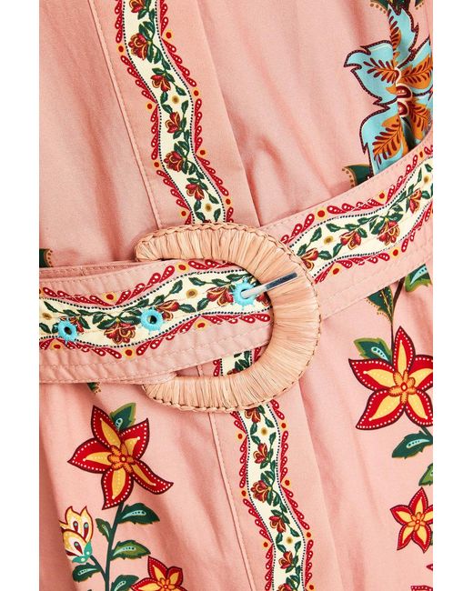 Farm Rio Pink Belted Floral-print Cotton-poplin Mini Dress