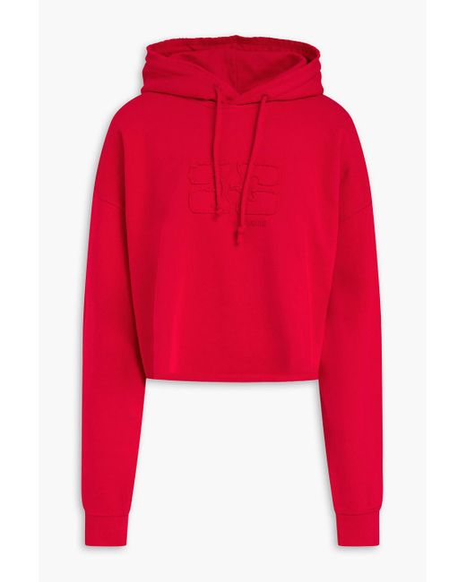 Ganni Red Cropped Appliquéd French Cotton-terry Hoodie