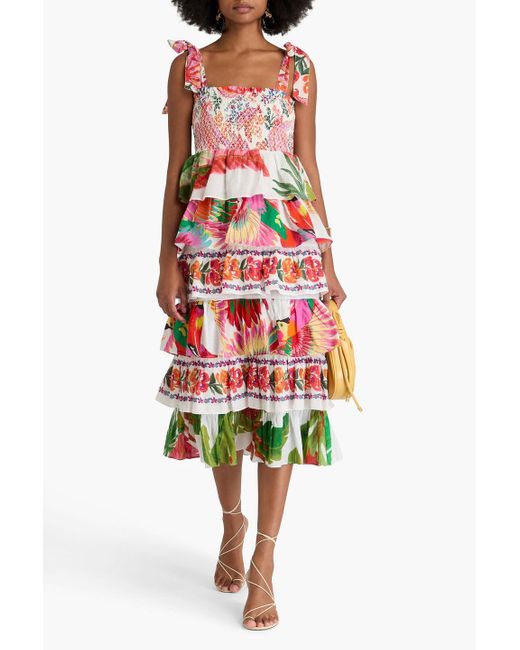 Farm Rio White Ruffled Printed Swiss-dot Cotton Midi Dress