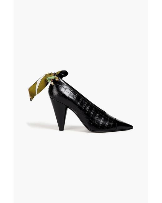 Emilio Pucci Black Bow-detailed Croc-effect Leather Pumps