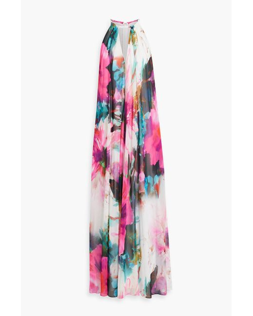 Badgley Mischka White Gathered Printed Chiffon Maxi Dress