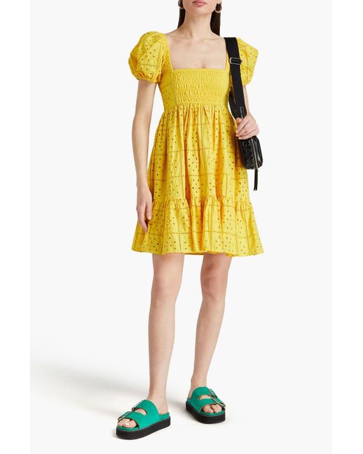 Ganni Yellow Broderie Anglaise Cotton Mini Dress