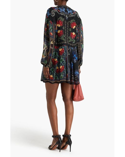 Farm Rio Gray Bead-embellished Printed Crepe De Chine Mini Dress