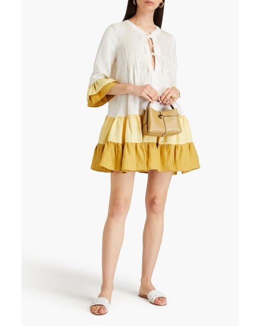 Casa Raki Yellow Nina Tiered Color-block Linen Mini Dress
