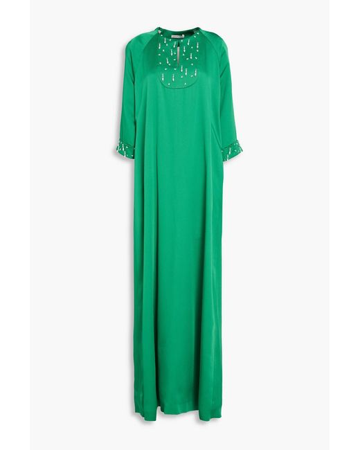 Emilia Wickstead Green Arles Embellished Satin Maxi Dress