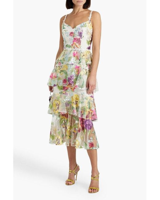 Marchesa White Tiered Embroidered Tulle Midi Dress
