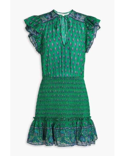 Veronica Beard Green Brindle Ruffled Printed Cotton-jacquard Mini Dress