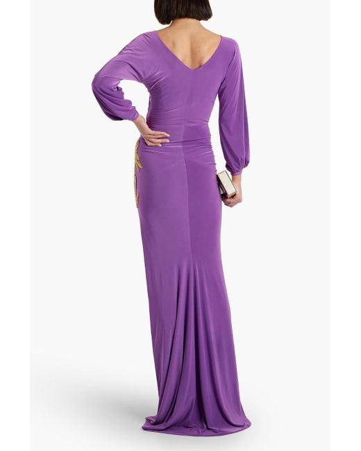 Rhea Costa Purple Wrap-effect Embellished Satin-jersey Gown