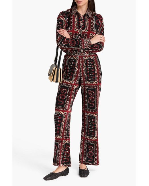 Farm Rio Red Pleated Printed Satin Wide-leg Pants