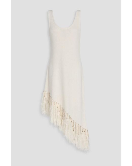 Rabanne White Asymmetrisches midikleid aus leinen mit fransen