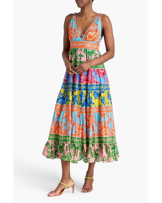 Farm Rio White Tiered Floral-Print Cotton-Gauze Maxi Dress