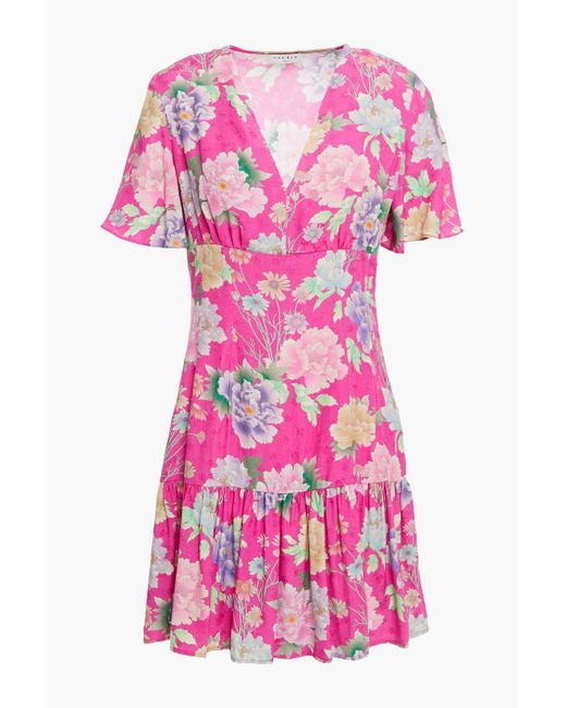 Sandro Pink Gathered Floral-jacquard Mini Dress