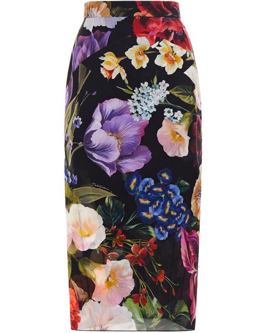 Dolce & Gabbana Black Floral-print Silk-blend Georgette Pencil Skirt