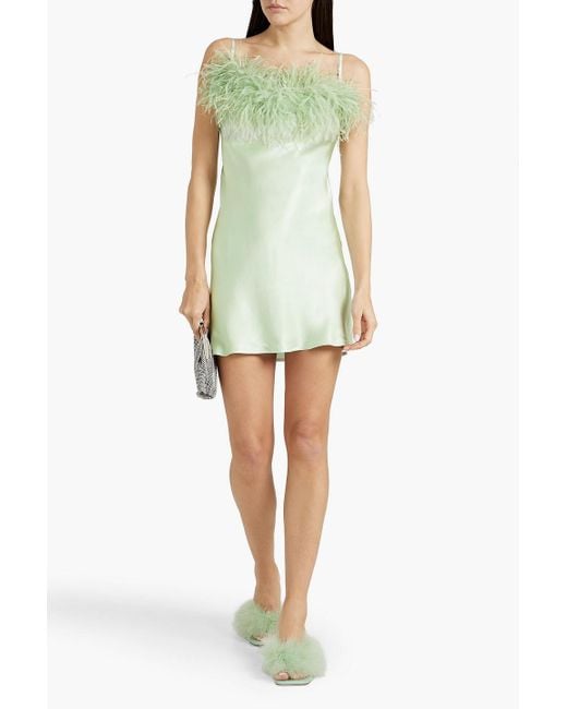 Sleeper Green Boheme Feather-trimmed Satin Mini Slip Dress