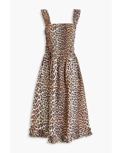 Ganni Natural Ruffled Leopard-print Cotton-poplin Midi Dress