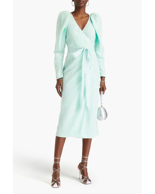 ROTATE BIRGER CHRISTENSEN Blue Sequined Corded Lace Midi Wrap Dress