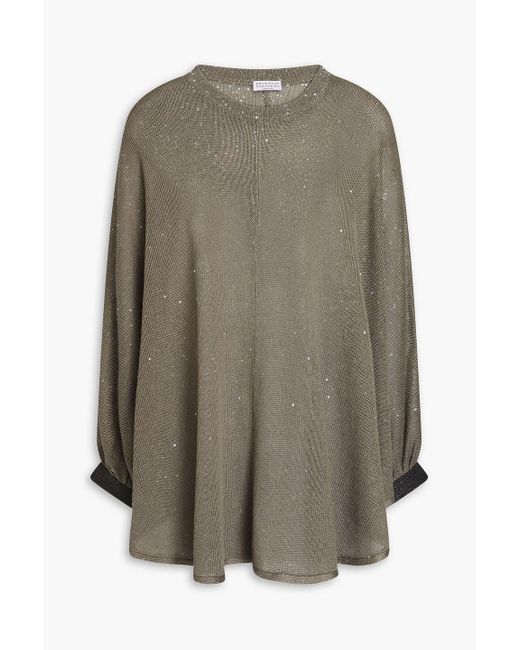 Brunello Cucinelli Gray Embellished Linen And Silk-blend Poncho