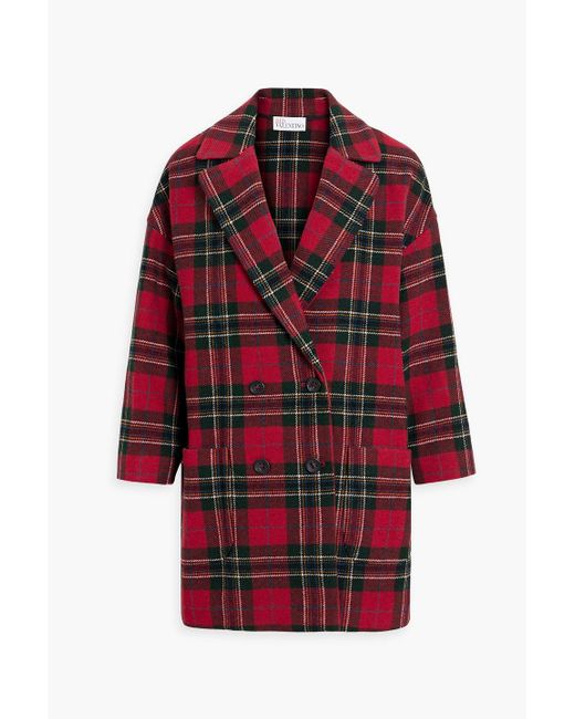 RED Valentino Red Double-breasted Checked Wool-tweed Coat