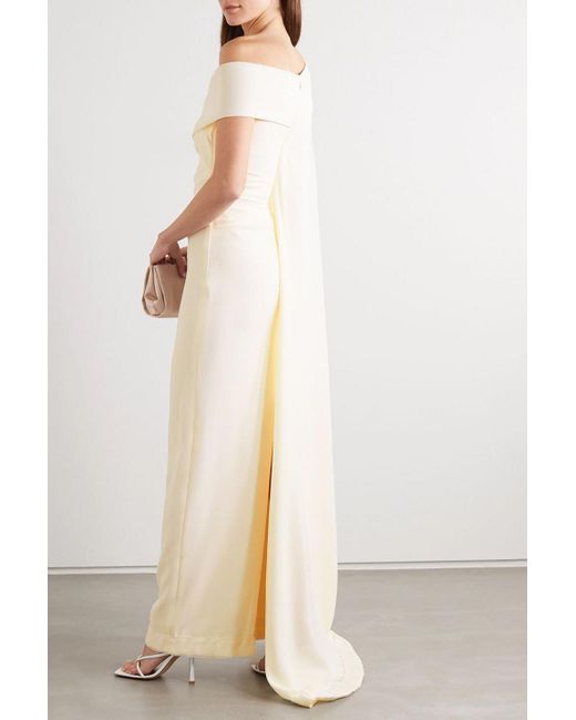 Talbot Runhof Natural Cape-effect Off-the-shoulder Ruched Stretch-cady Gown