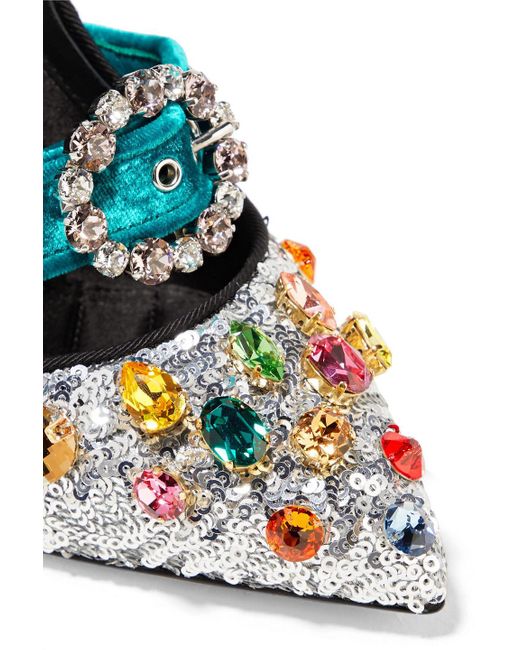 Dolce & Gabbana Metallic Velvet-trimmed Embellished Sequined Leather Mary Jane Pumps