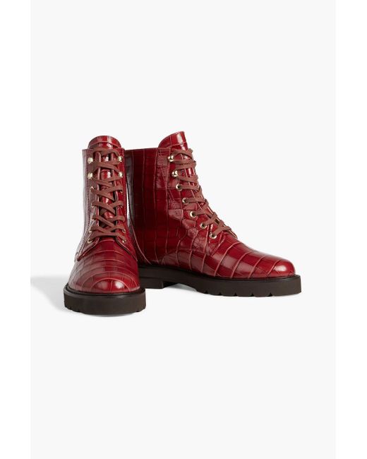 Stuart Weitzman Red Mila Croc-effect Leather Combat Boots