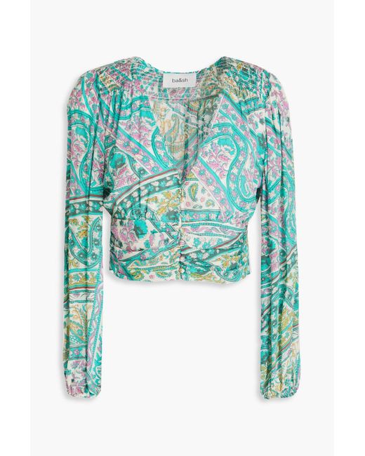 Ba&sh Blue Cropped Ruched Printed Mousseline Blouse