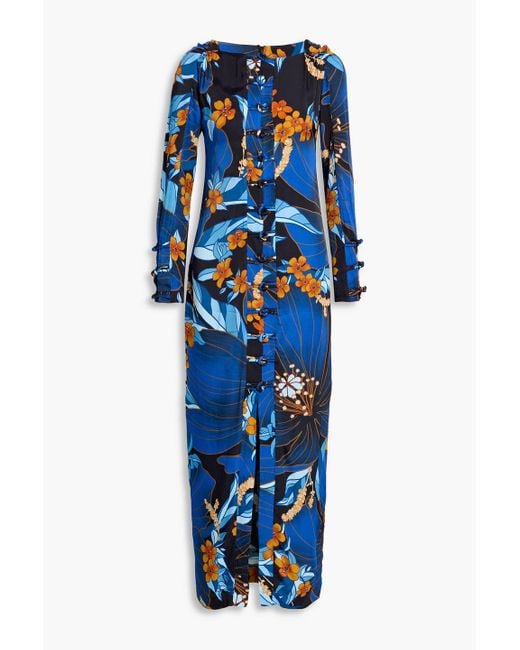 Farm Rio Blue Knotted Floral-Print Satin Maxi Dress