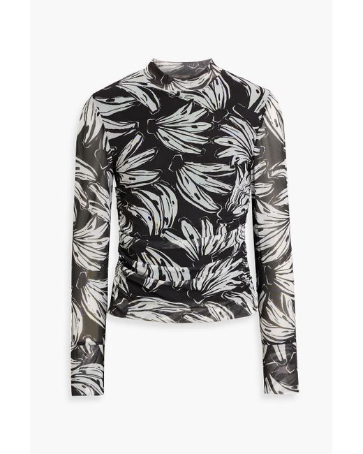 Farm Rio Black Ruched Printed Stretch-Mesh Top