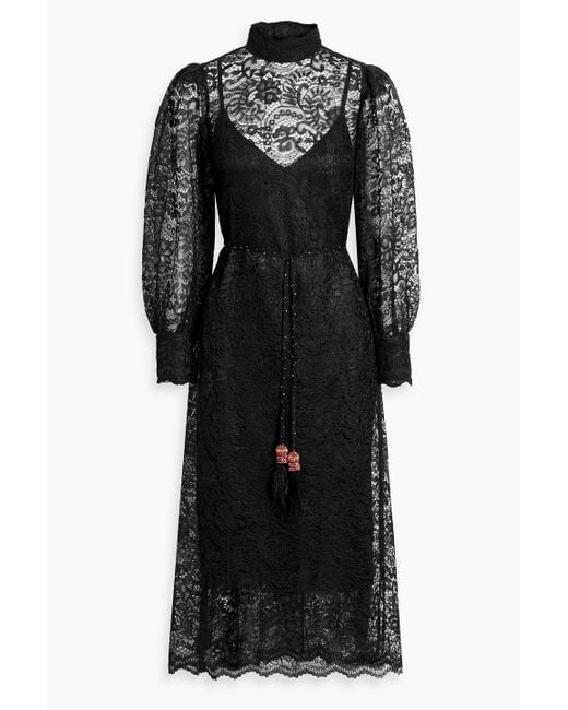 Farm Rio Black Corded Lace Midi Dress