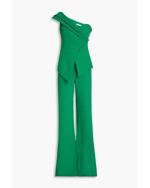Safiyaa Green Blanche One-shoulder Button-embellished Stretch-crepe Jumpsuit