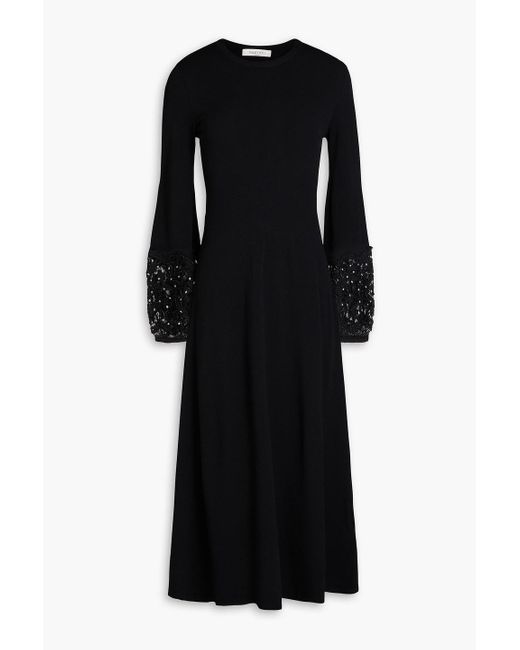 Valentino Garavani Black Embellished Lace-trimmed Knitted Midi Dress