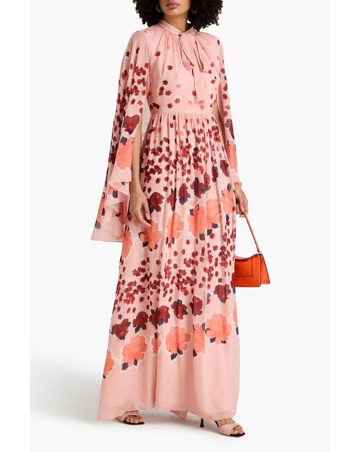 Erdem Red Cape-Effect Floral-Print Silk-Voile Gown