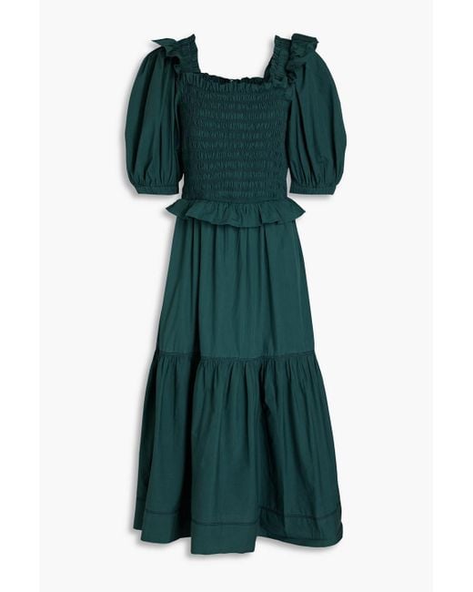 Sea Green Sibylle Ruffled Shirred Cotton Midi Dress